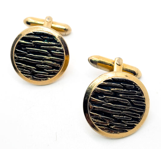 Swank black and gold wood grain textured signed vintage cuff links