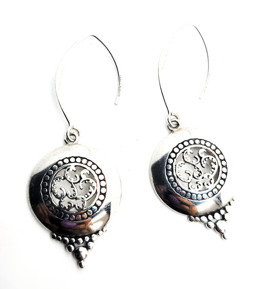 CFJ Balinese tribal drop artisan open work disk drop sterling silver earrings