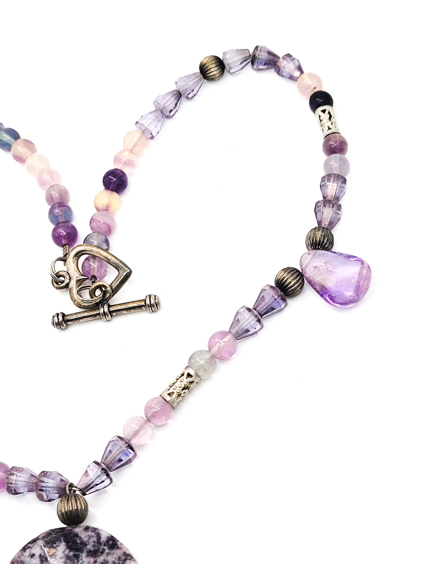 Lepidolite gemstone artisan necklace with flourite and amethyst necklace