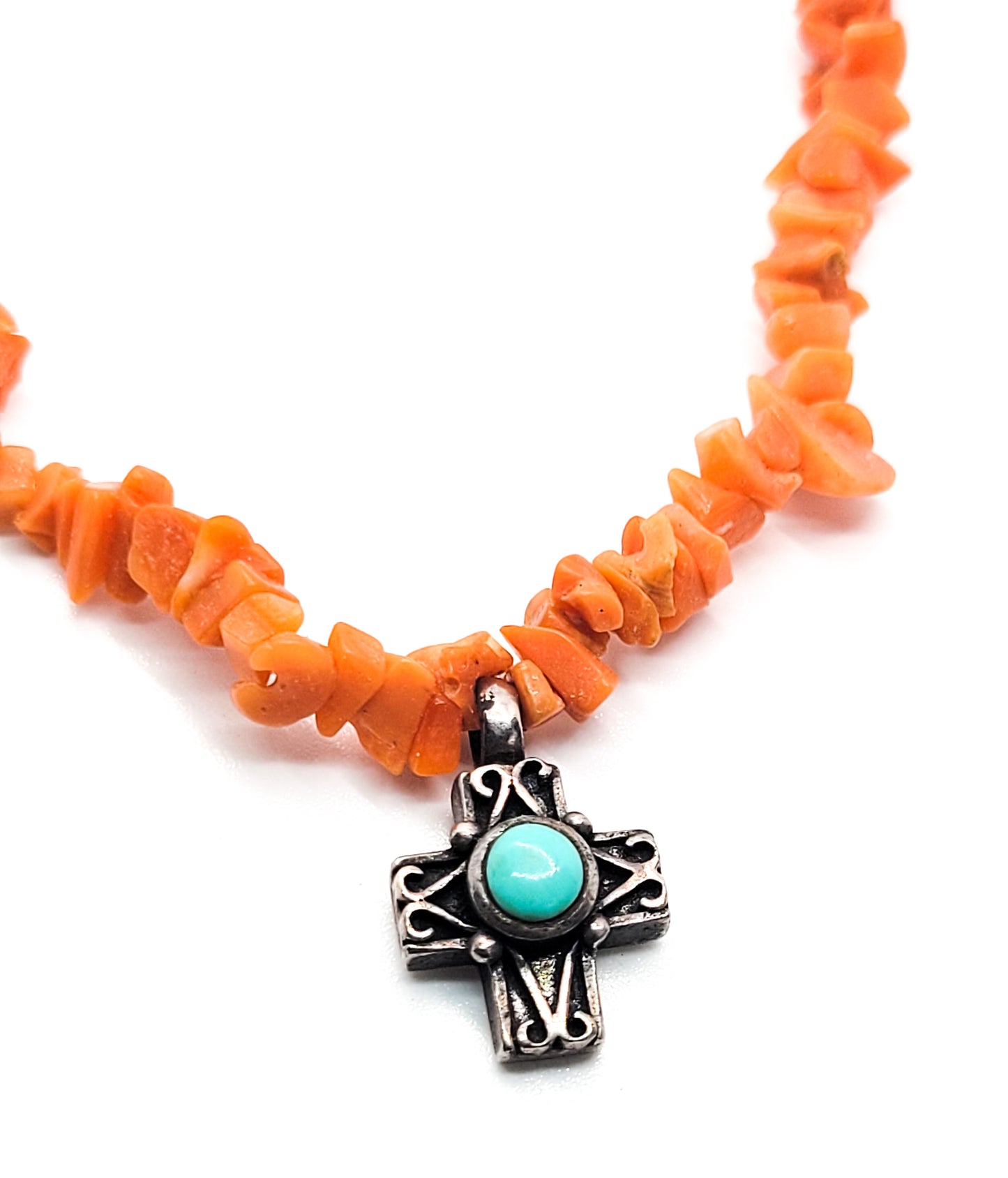 Turquoise Sterling silver cross on natural coral chip pendant necklace