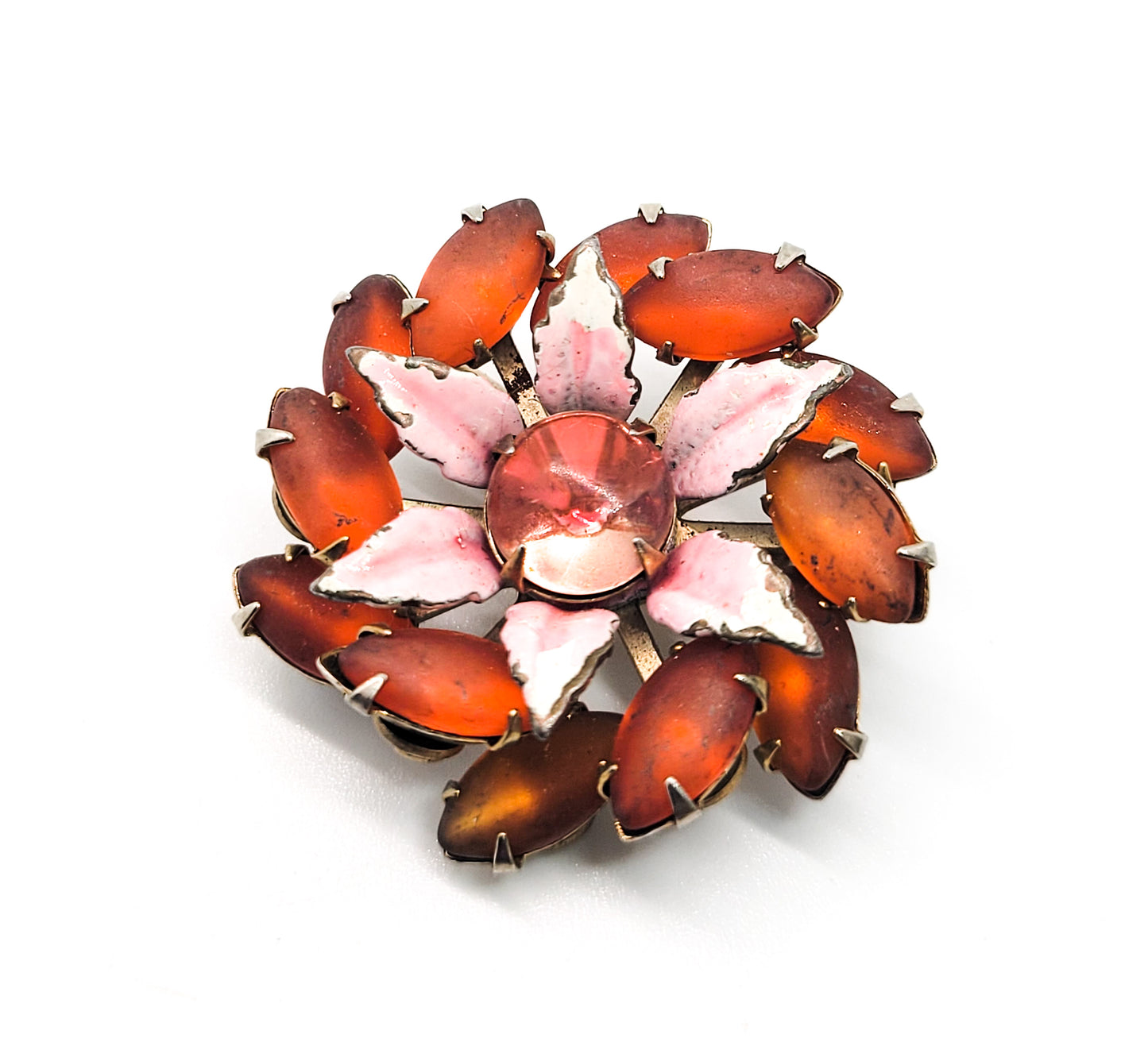 Frosted Orange Navette pink enamel flower atomic scatter brooch mid century