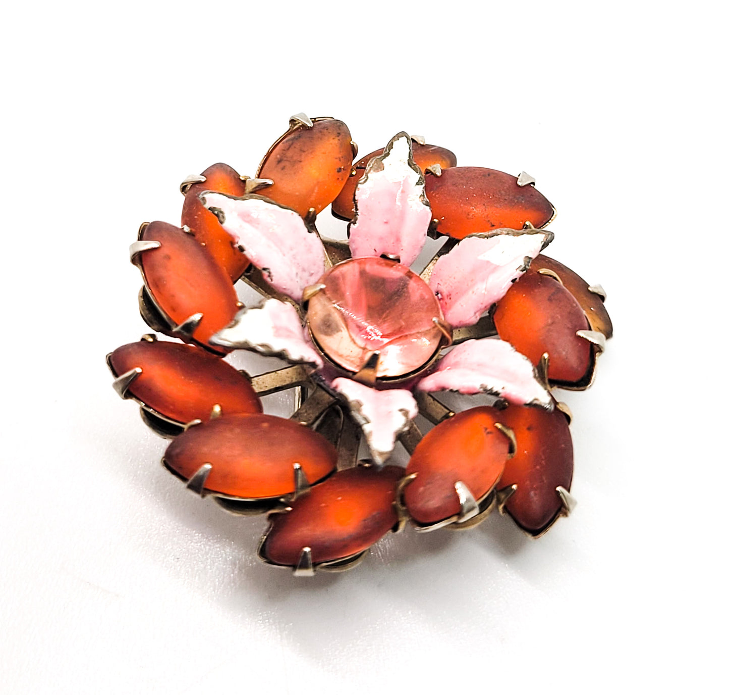 Frosted Orange Navette pink enamel flower atomic scatter brooch mid century