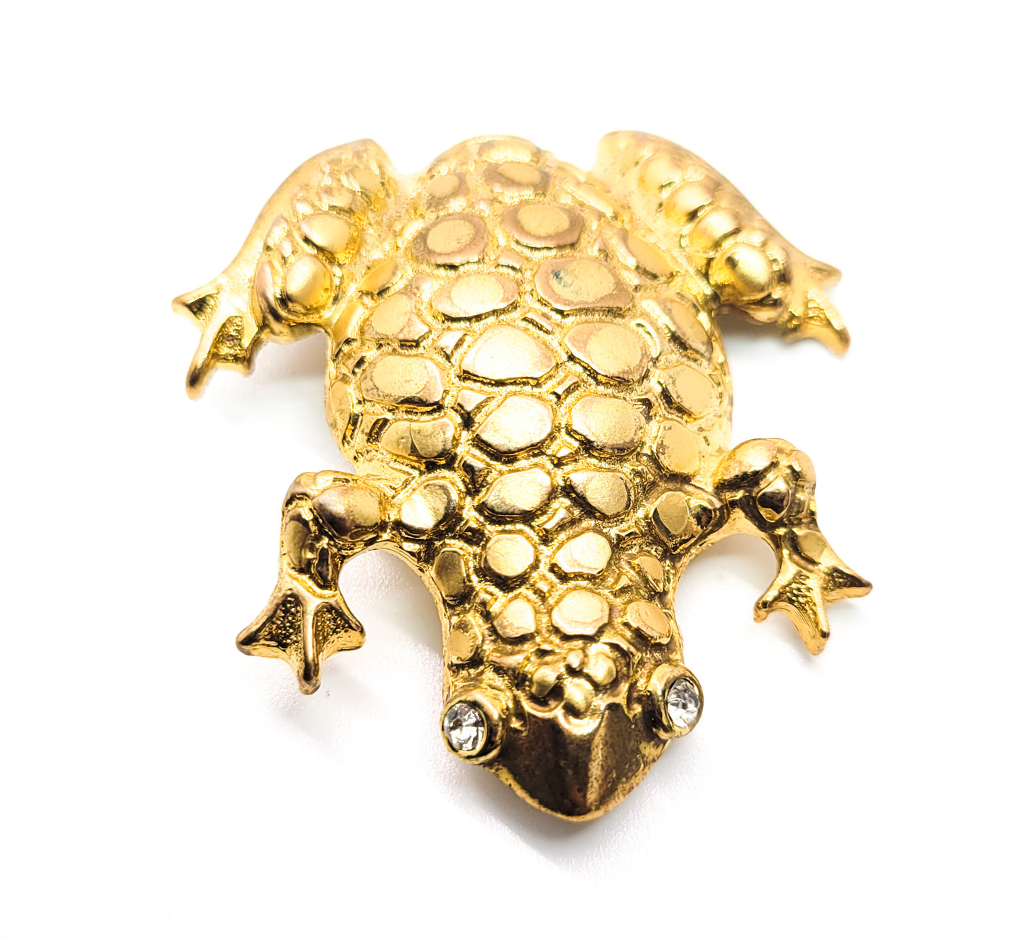 Don Lin signed gold tone rhinestone vintage frog brooch