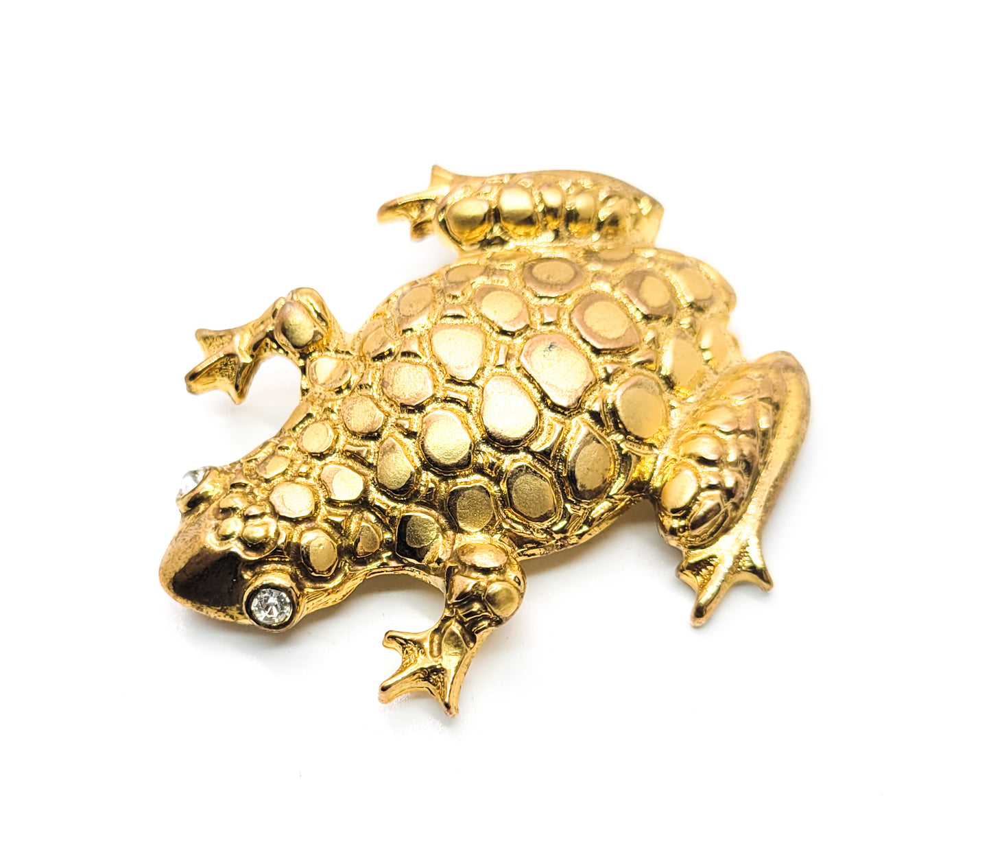 Don Lin signed gold tone rhinestone vintage frog brooch
