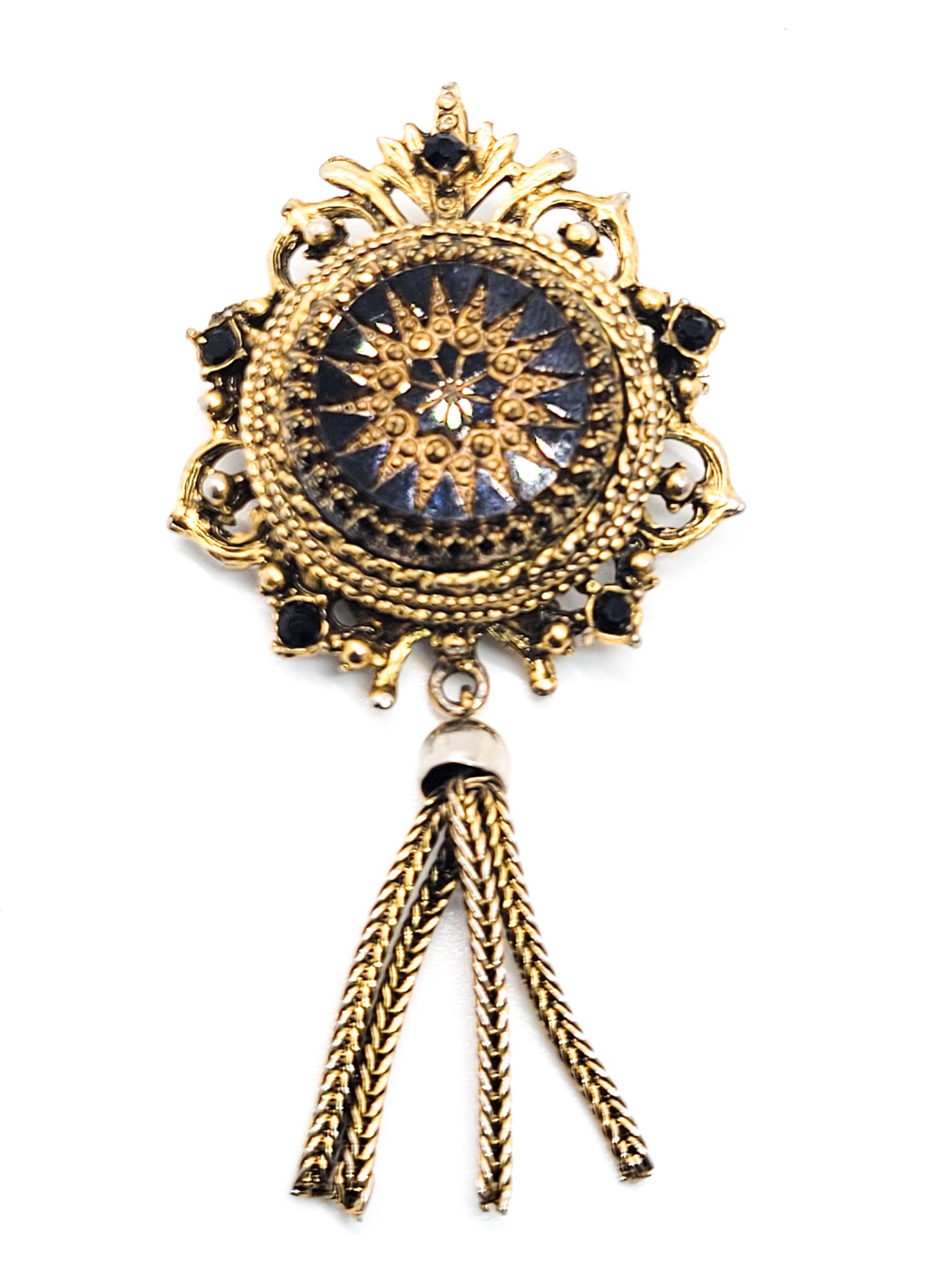 Denise moroccan style black and gold glass tassel rhinestone vintage brooch pendant