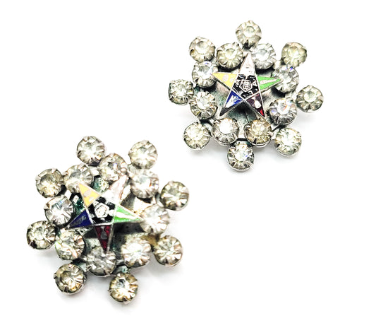 Order of the Eastern star enamel and clear rhinestone vintage clip on earrings