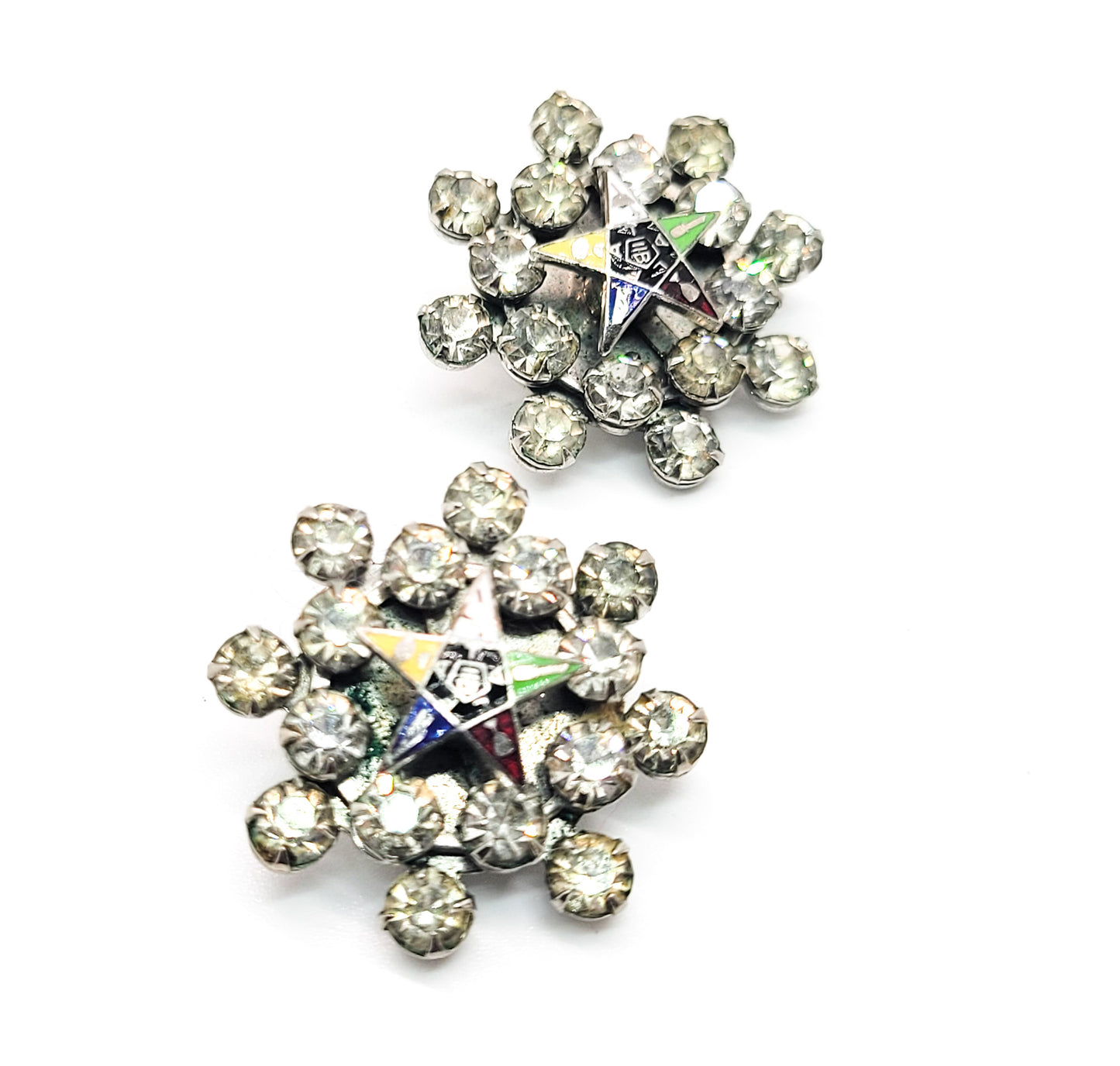 Order of the Eastern star enamel and clear rhinestone vintage clip on earrings