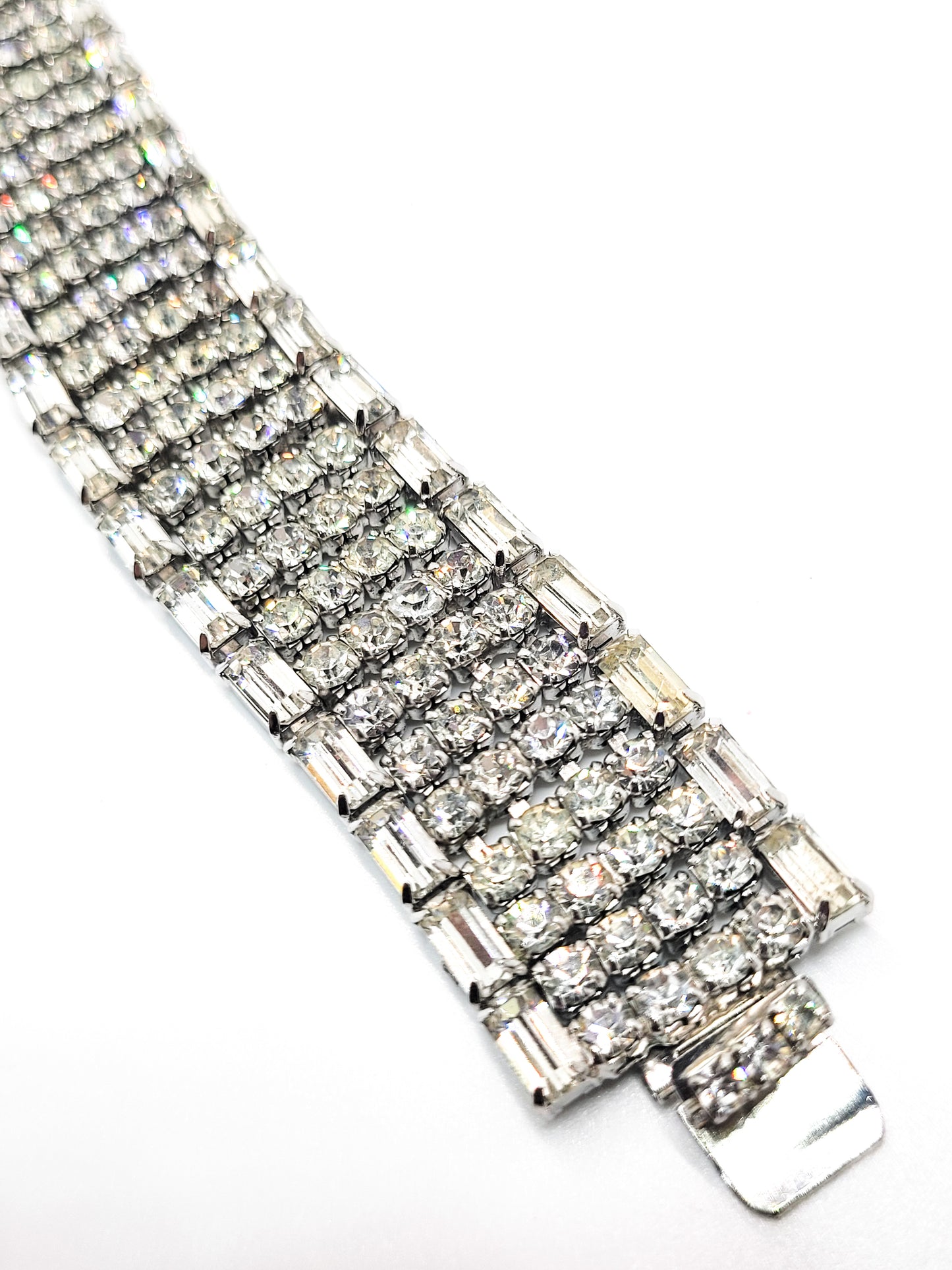 Large 6 row clear rhinestone mid century vintage cuff statement bracelet