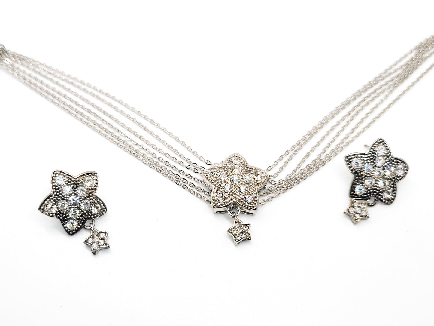 Dancing Star Pave rhinestone sterling silver multi strand bracelet and earrings demi set
