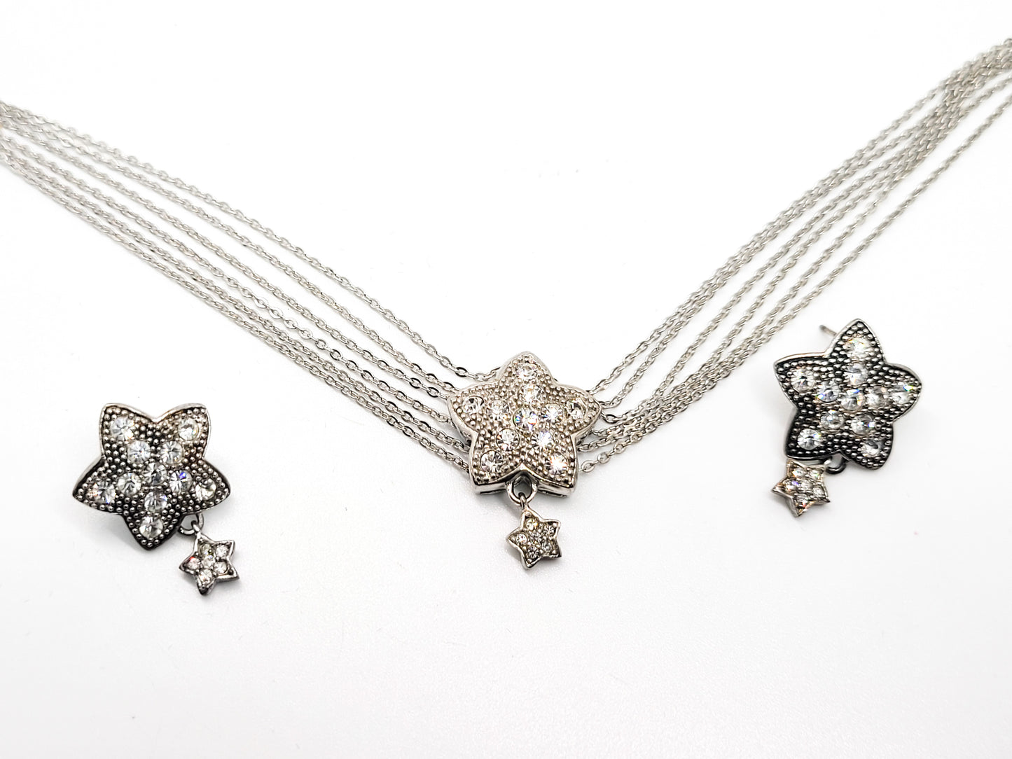 Dancing Star Pave rhinestone sterling silver multi strand bracelet and earrings demi set