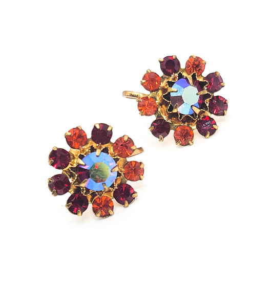 Red and Orange Aurora Borealis vintage rhinestone screw back earrings Austria