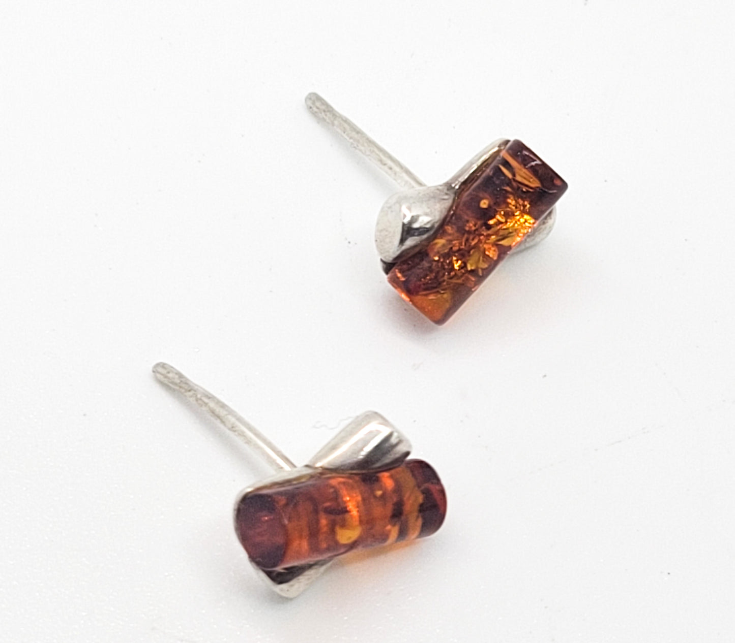 Amber sterling silver X abstract stud post earrings