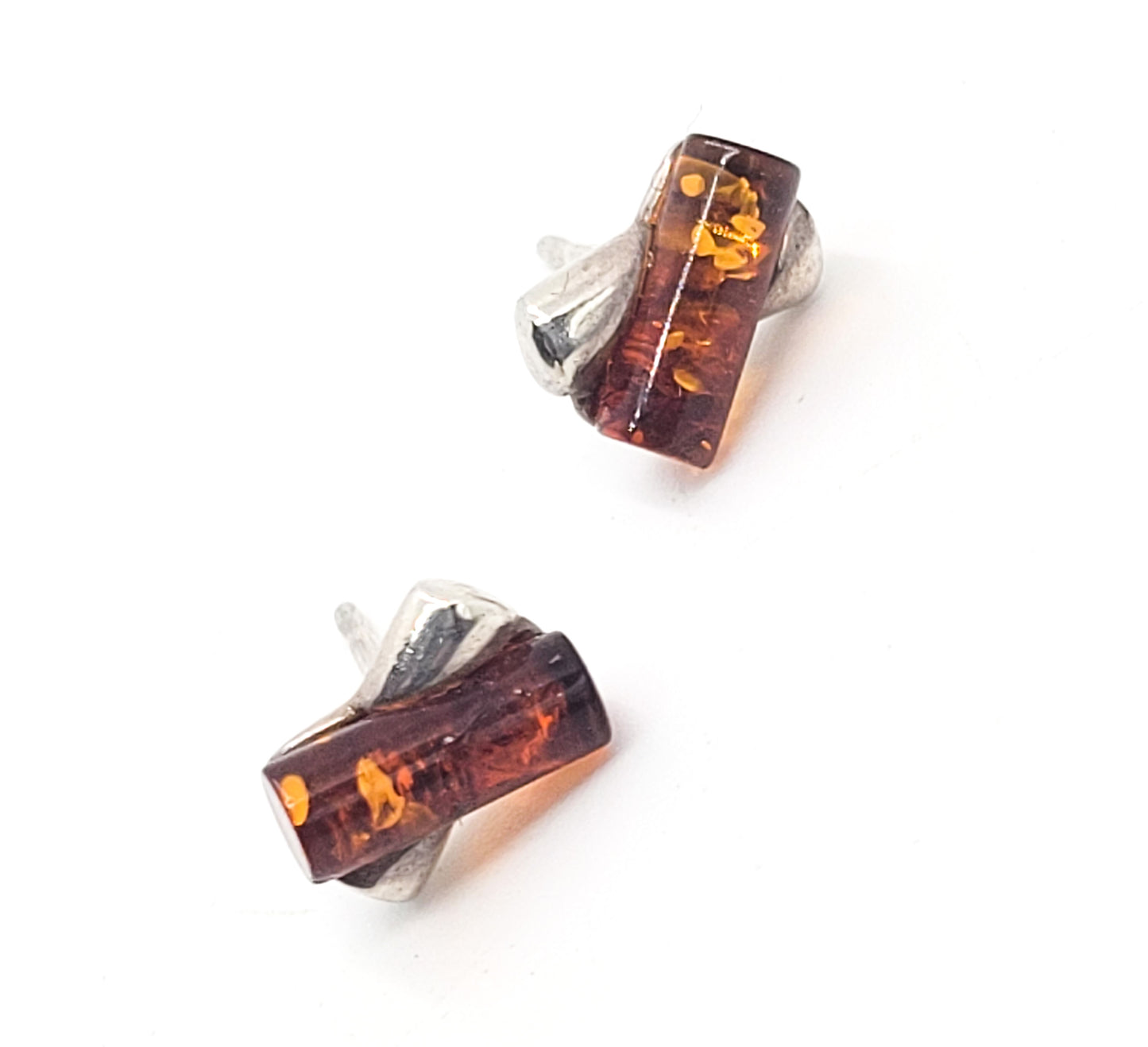 Amber sterling silver X abstract stud post earrings