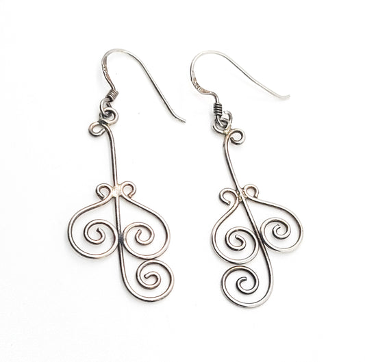 Artisan sterling silver handcrafted wire triple swirl drop dangle earrings