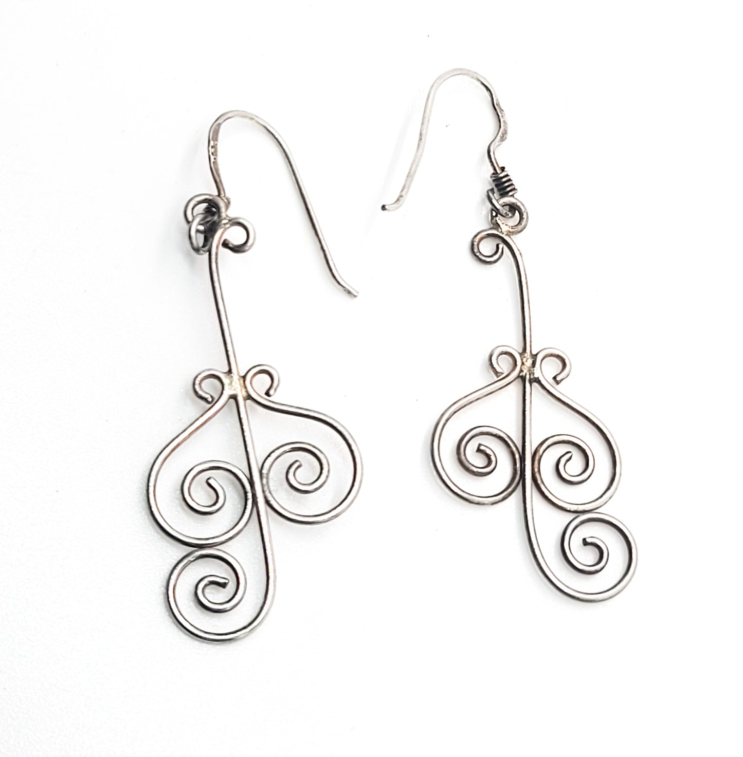 Artisan sterling silver handcrafted wire triple swirl drop dangle earrings