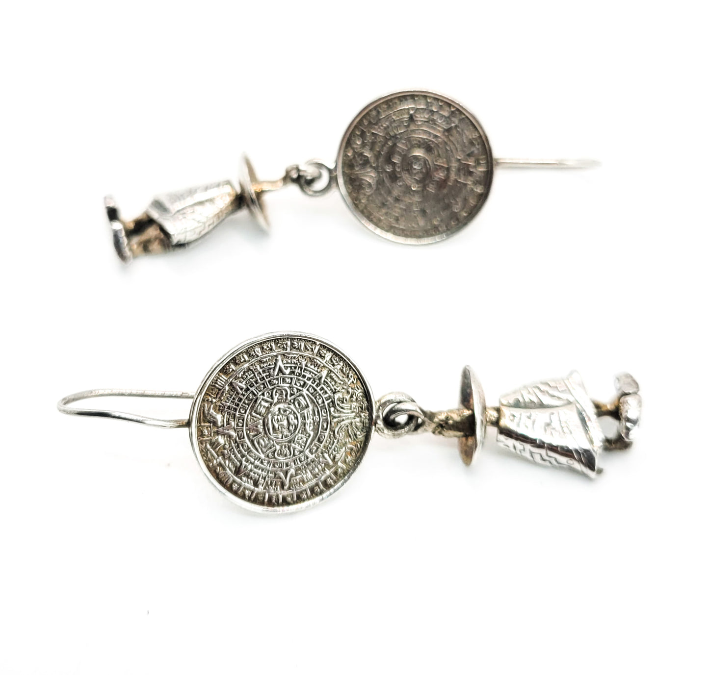 Aztec Mexica calendar sombrero Mexican vintage sterling silver drop earrings