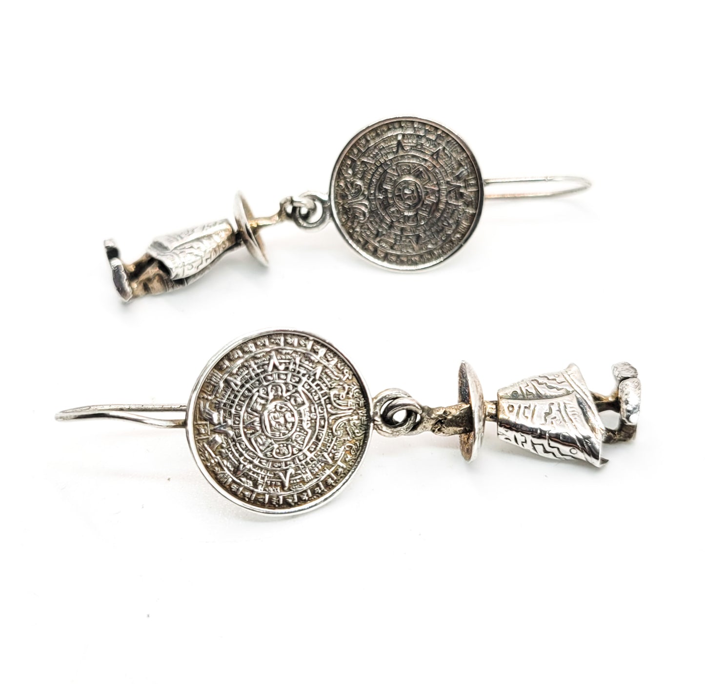 Aztec Mexica calendar sombrero Mexican vintage sterling silver drop earrings
