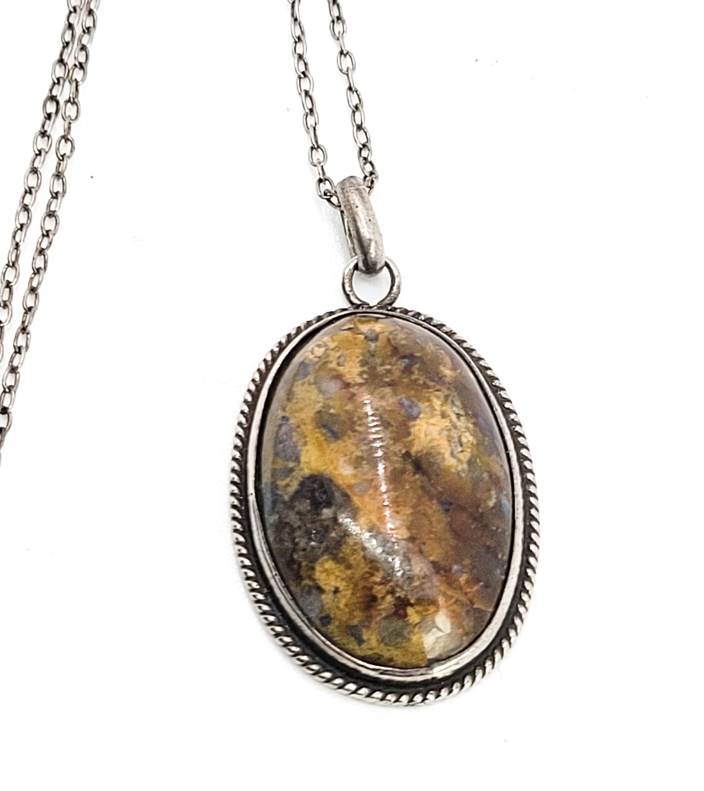Plume agate sterling silver twisted rope vintage pendant necklace