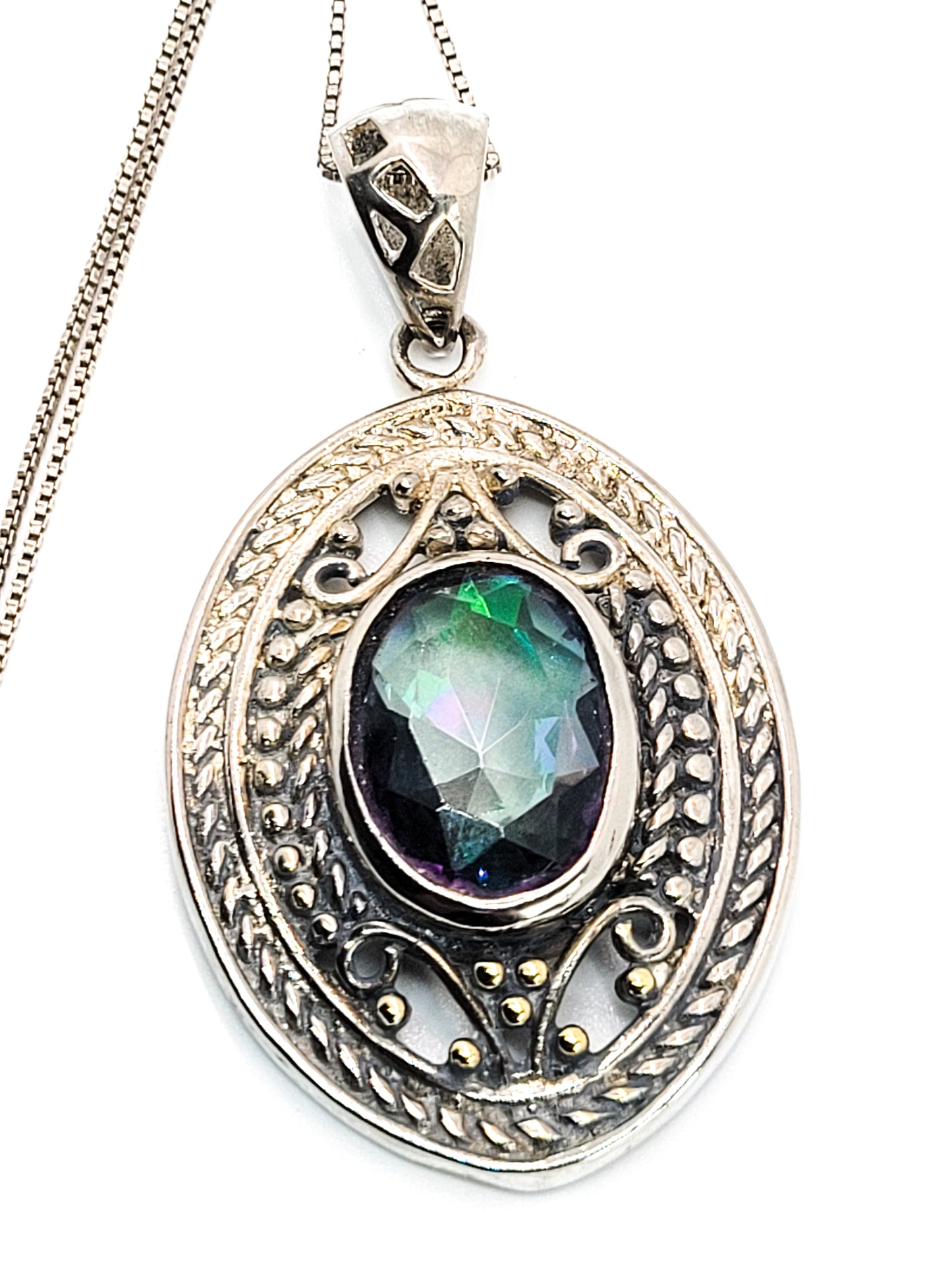 Mystic Topaz sterling silver plated open work tribal Balinese pendant necklace