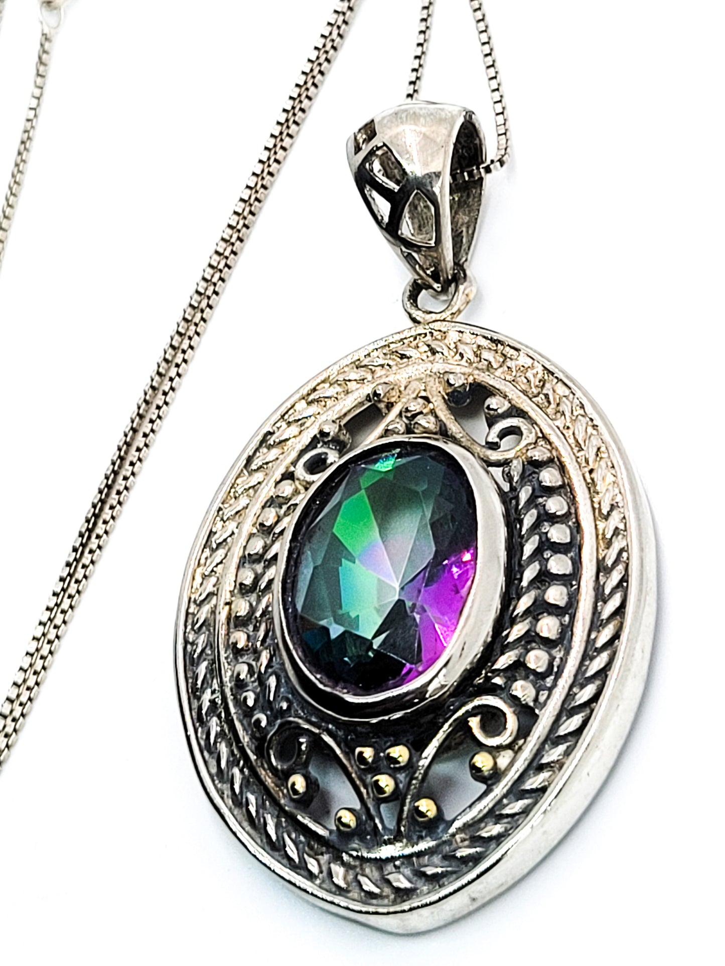 Mystic Topaz sterling silver plated open work tribal Balinese pendant necklace