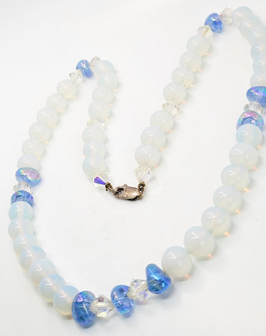 Blue angel aura quartz opalite glass sterling silver beaded necklace