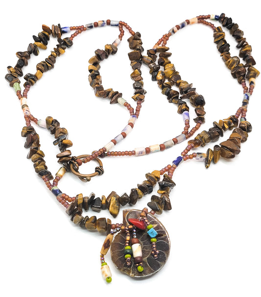 Artisan Tiger's eye scalloped heishe beaded Ammonite shell fetish style necklace