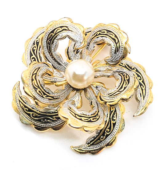 Spanish Damascene enamel large 3D flower faux pearl vintage brooch