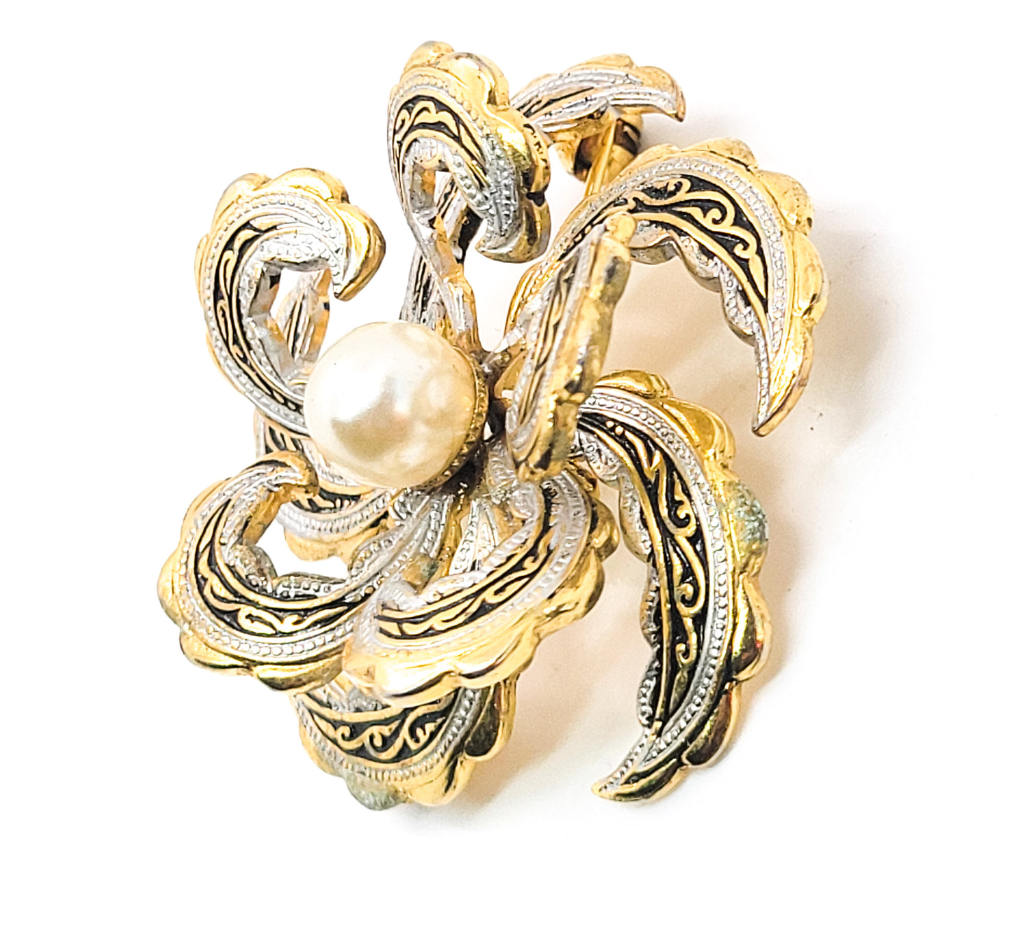 Spanish Damascene enamel large 3D flower faux pearl vintage brooch