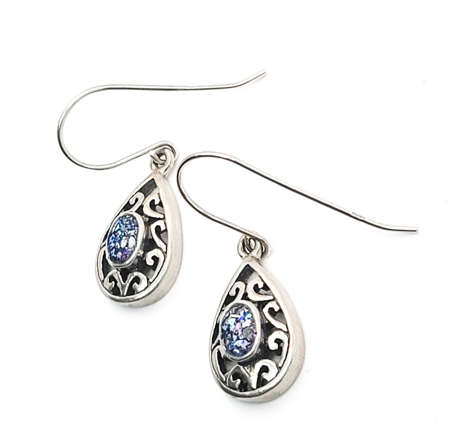 Blue glass mosaic tribal Balinese style open work drop sterling silver earrings
