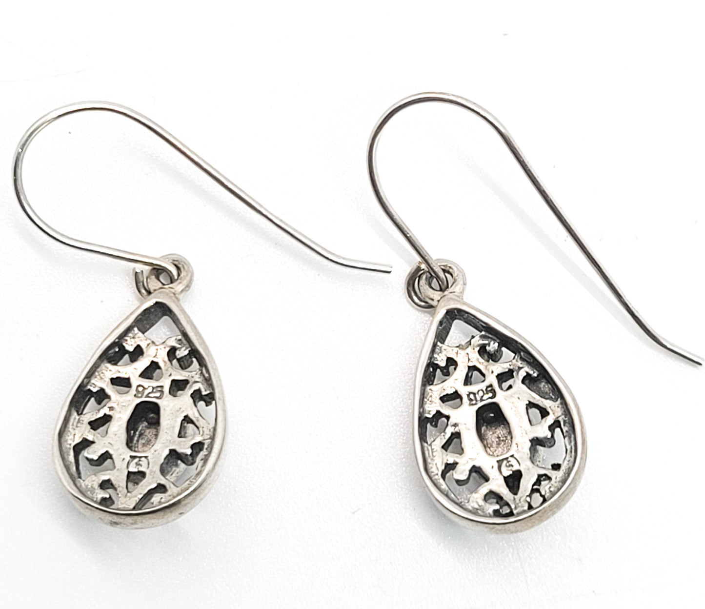 Blue glass mosaic tribal Balinese style open work drop sterling silver earrings
