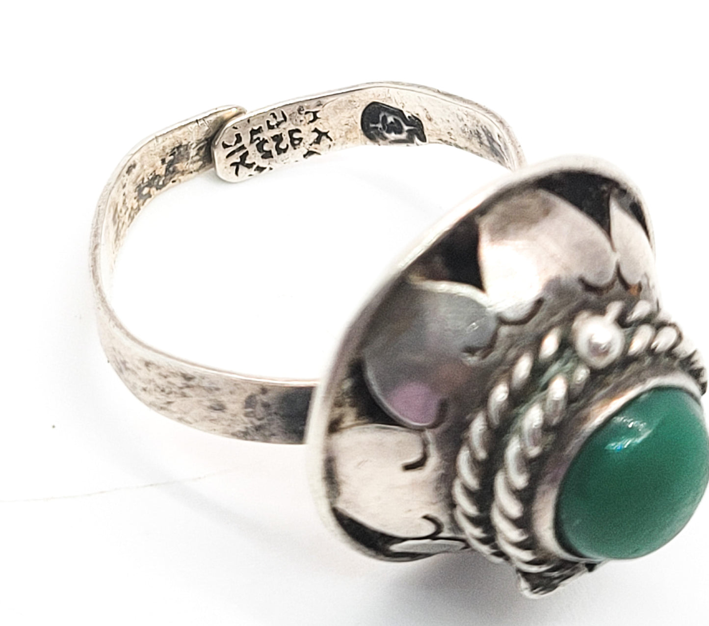 Poison Ring vintage Taxco Mexico green gemstone sterling silver eagle mark ring adjustable