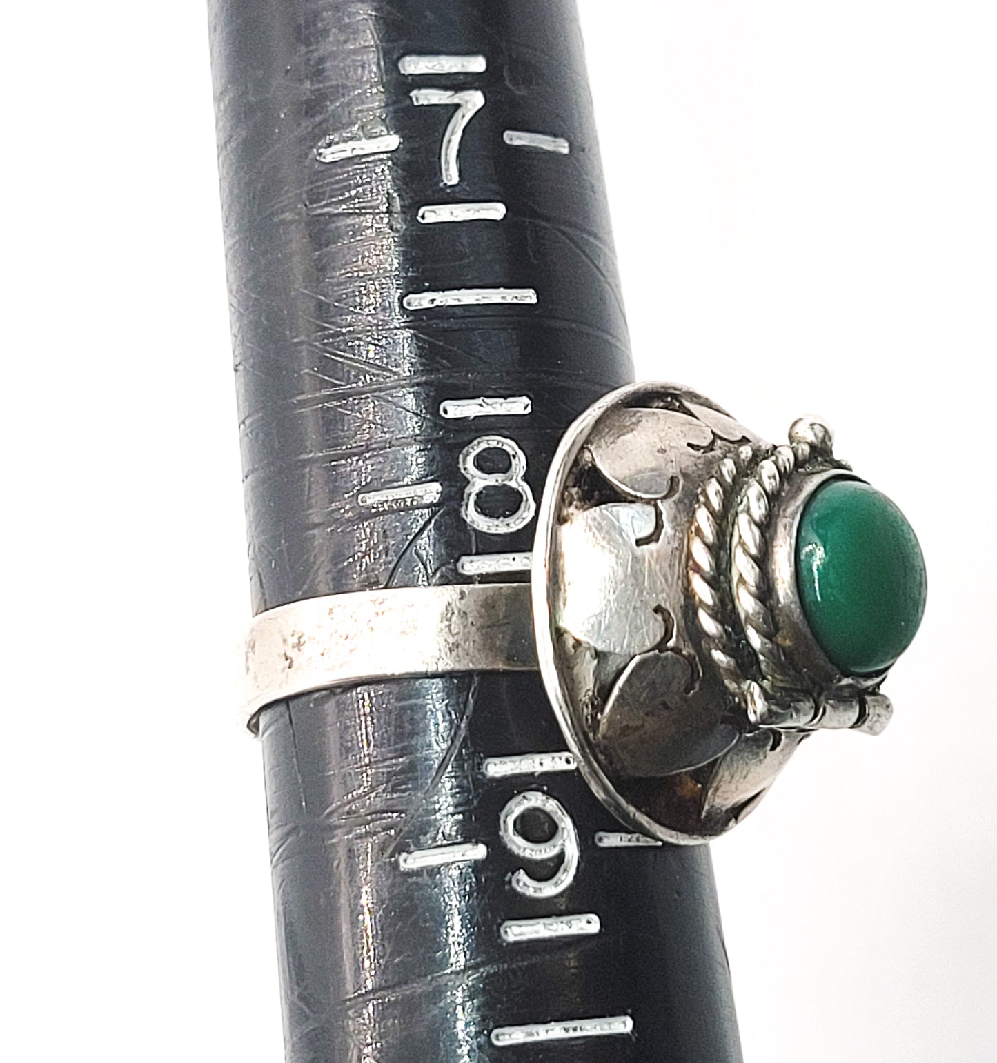 Poison Ring vintage Taxco Mexico green gemstone sterling silver eagle mark ring adjustable
