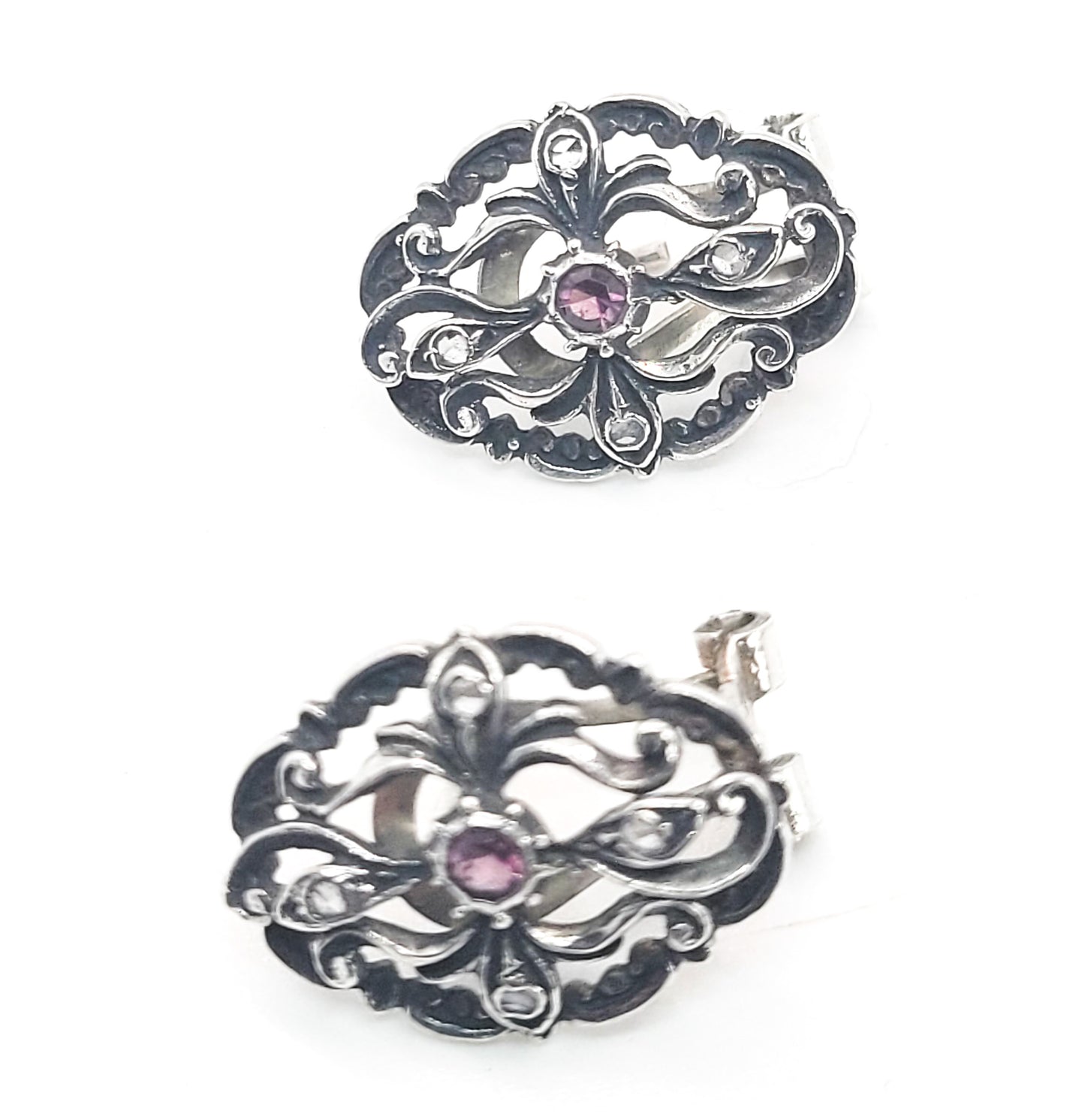 Art-Joy Art Nouveau style White Topaz Amethyst open work sterling silver earrings
