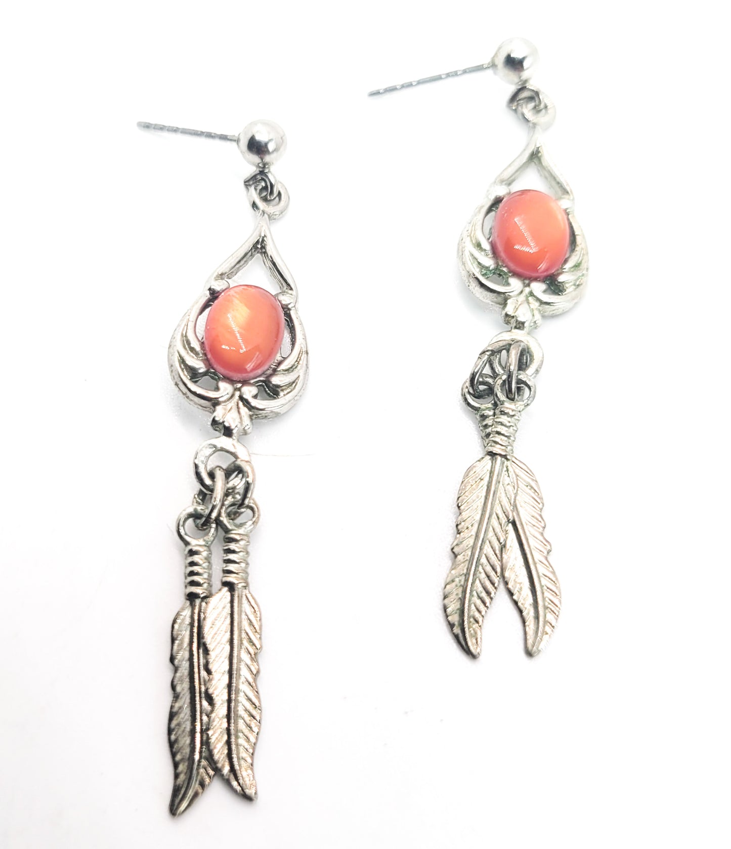 Spiny Oyster Southwestern style sterling silver long drop feather earrings