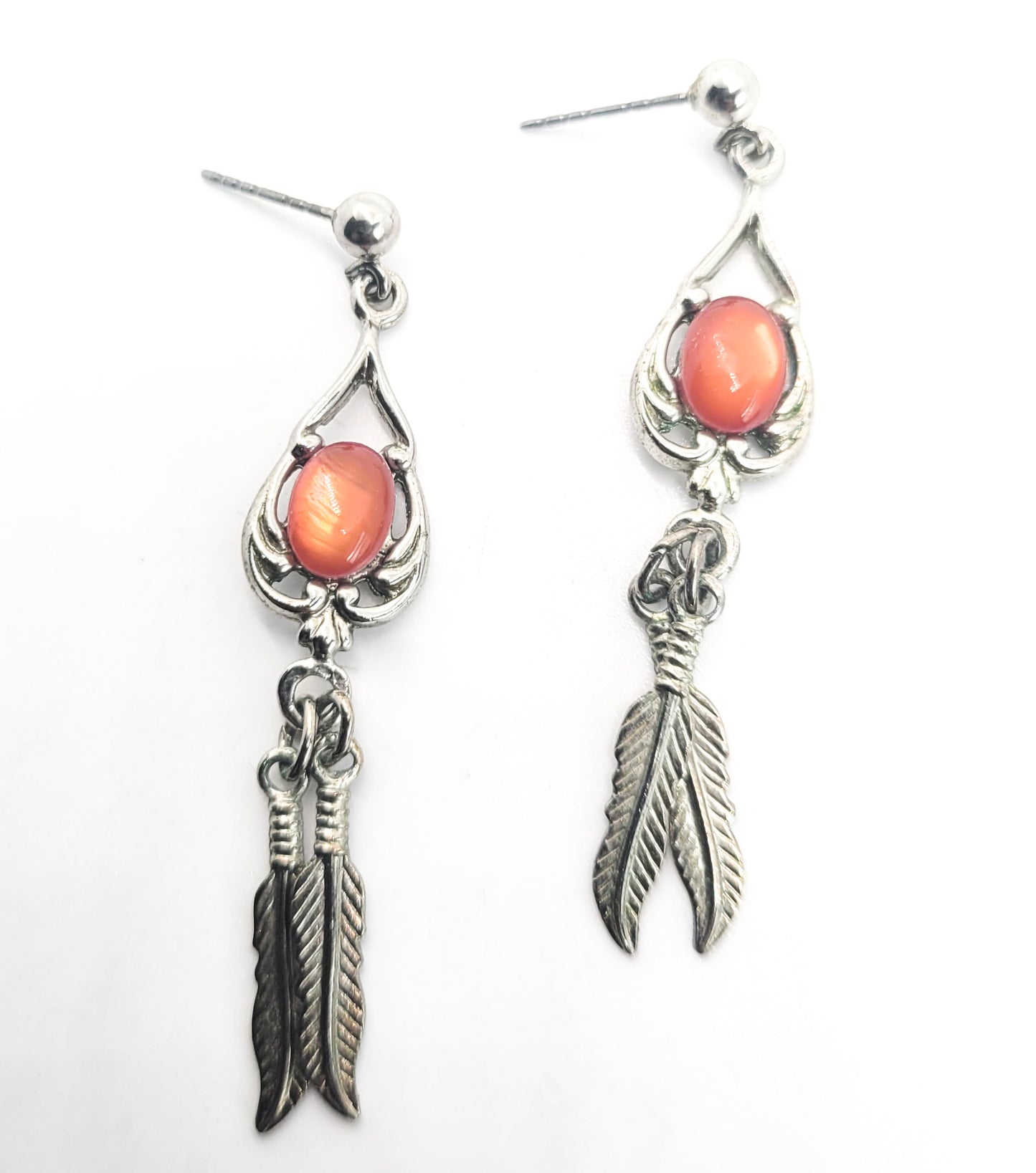 Spiny Oyster Southwestern style sterling silver long drop feather earrings