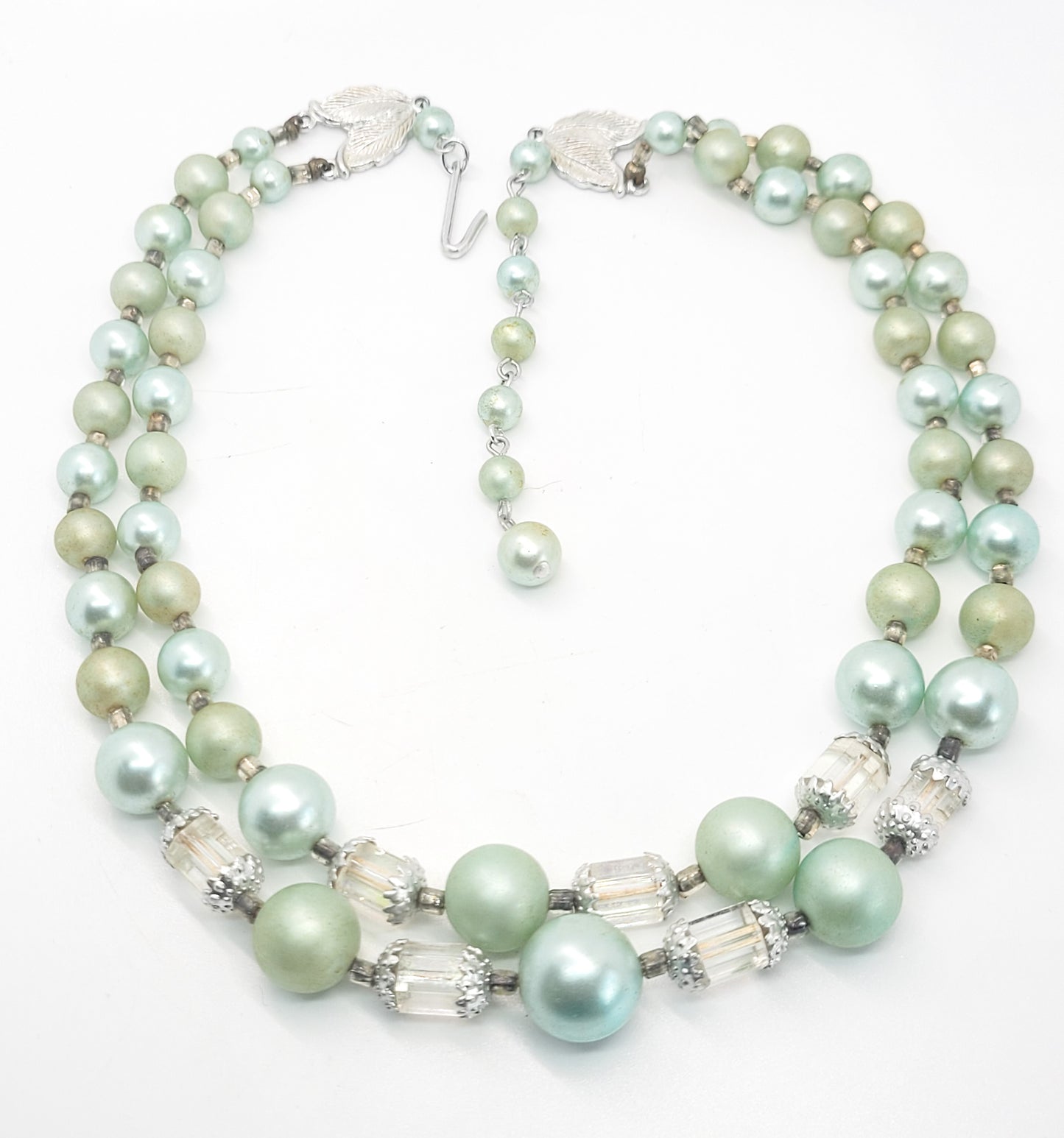 Seafoam green beaded silver toned Austrian crystal two tiered vintage necklace