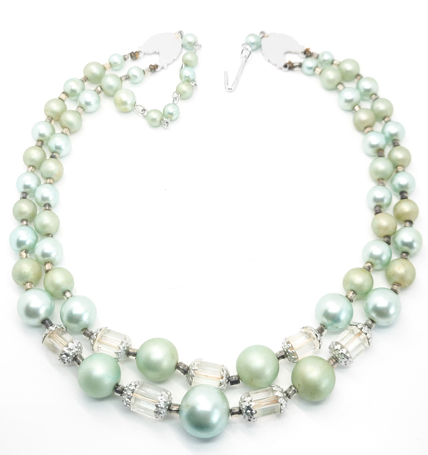 Seafoam green beaded silver toned Austrian crystal two tiered vintage necklace