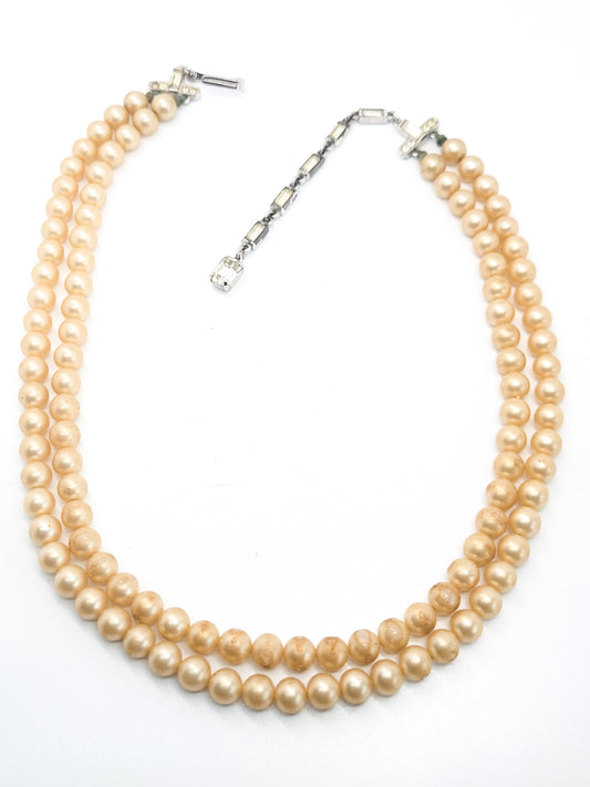 Trifari double strand vintage faux pearl and rhinestone signed necklace