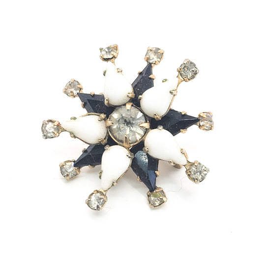Black and white harlequin star vintage gold toned rhinestone brooch