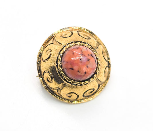 Domed salmon art glass cab Etruscan revival gold toned vintage brooch