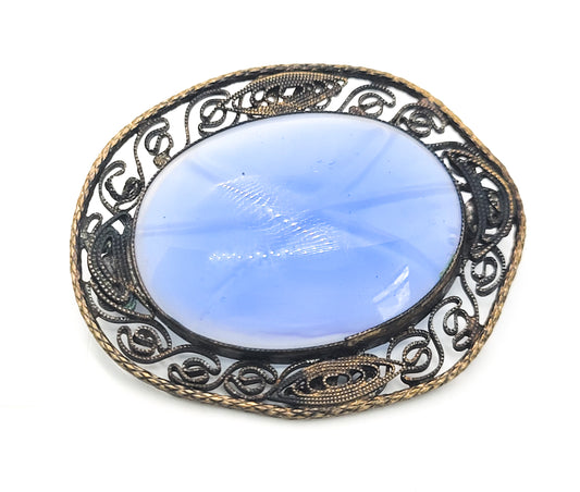 Blue Faux Star Sapphire art glass gold toned spun silver vintage brooch