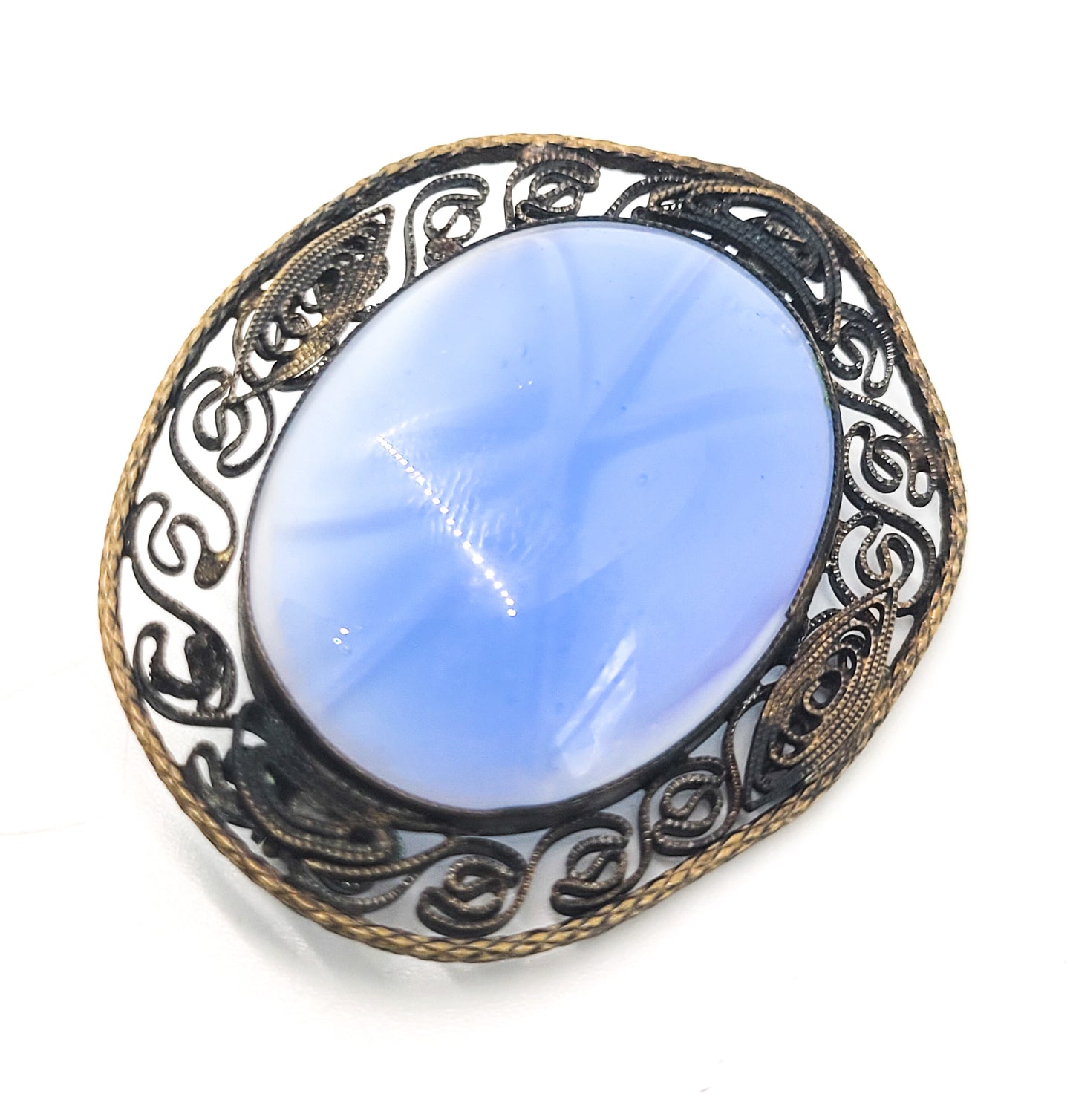 Blue Faux Star Sapphire art glass gold toned spun silver vintage brooch