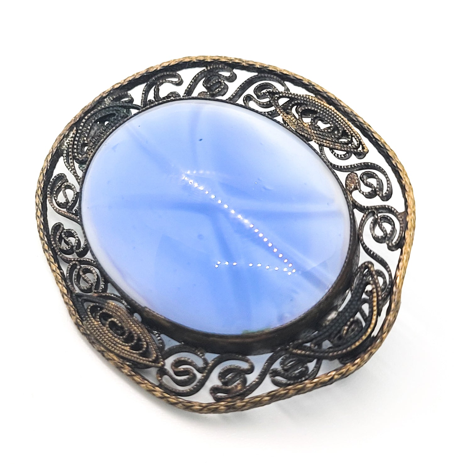 Blue Faux Star Sapphire art glass gold toned spun silver vintage brooch