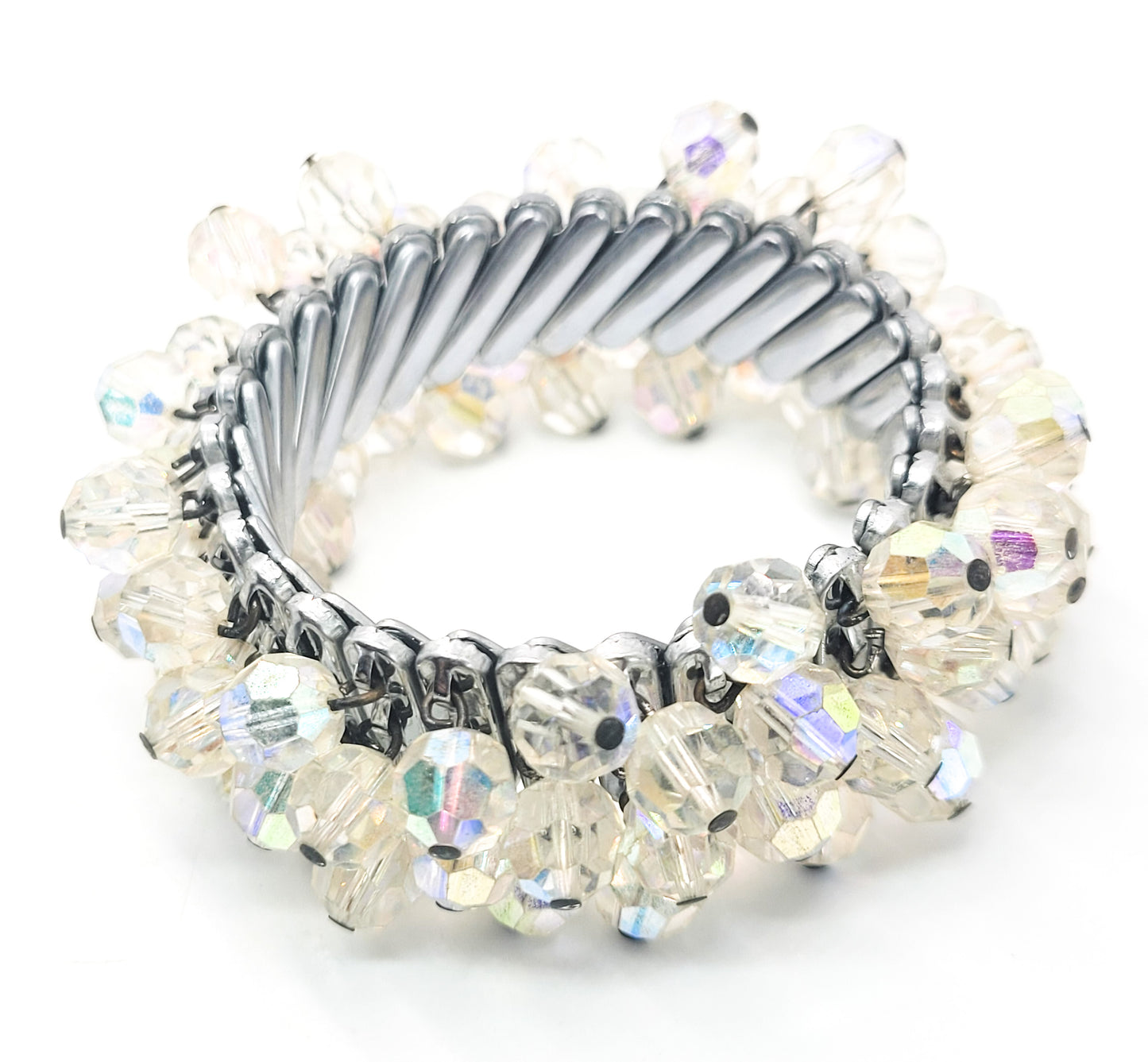 Stretch Aurora Borealis Austrian crystal full beaded vintage cuff bracelet Japan