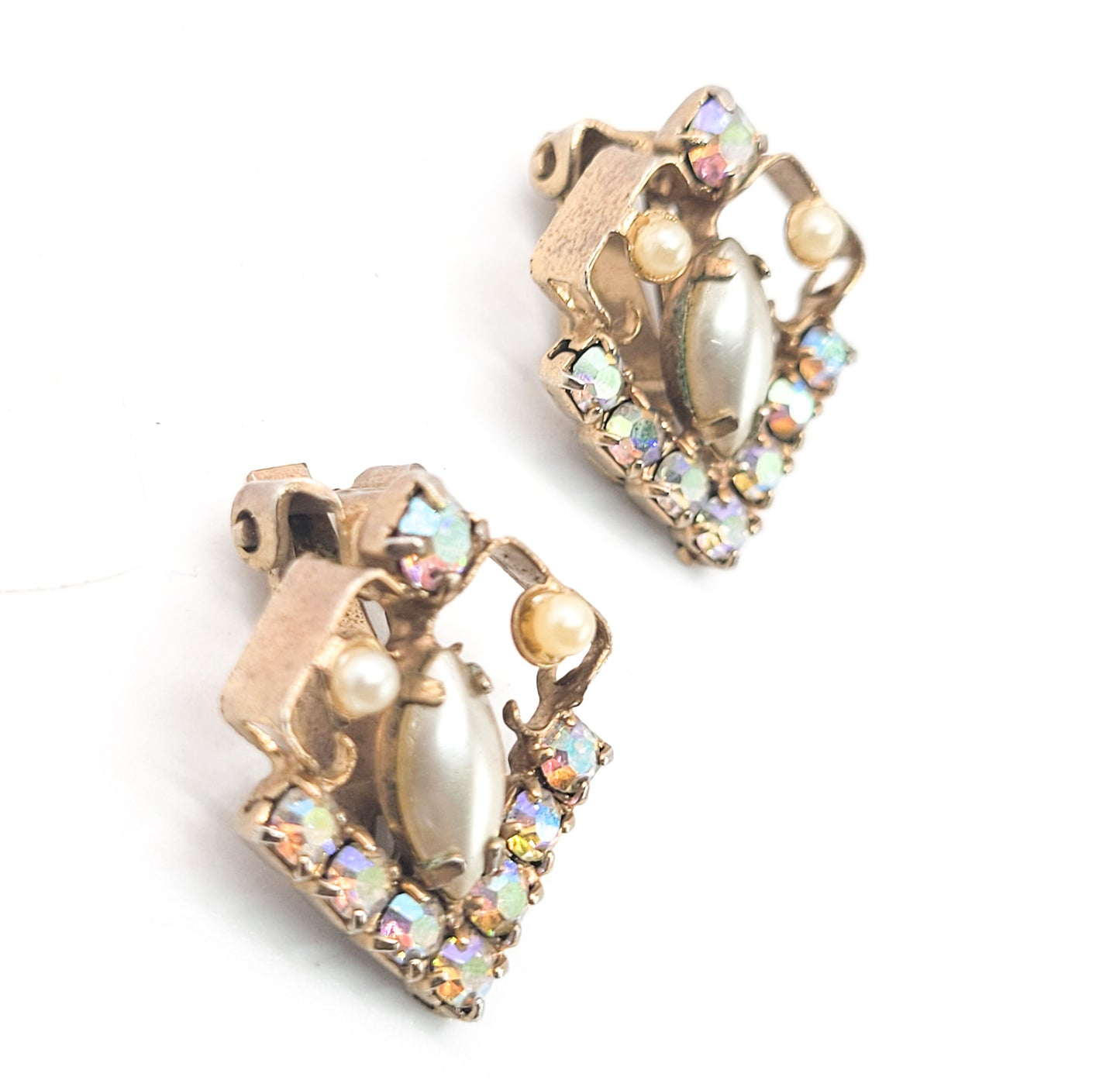 Pearl rhinestone aurora borealis open work gold toned vintage clip on earrings