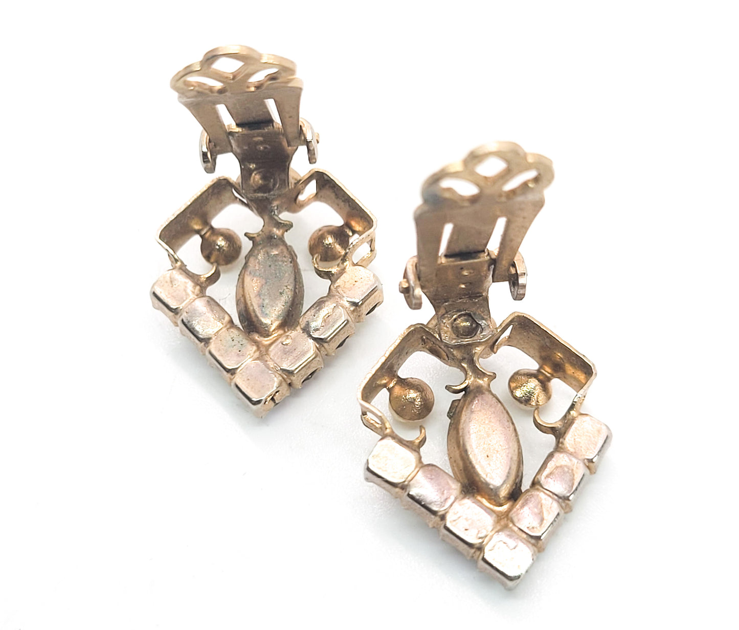 Pearl rhinestone aurora borealis open work gold toned vintage clip on earrings