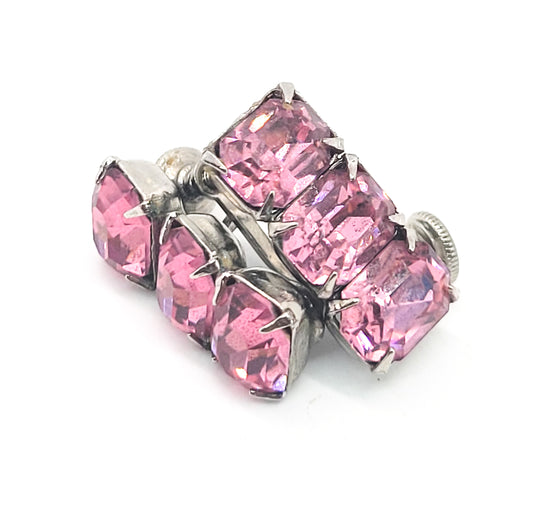 Pink Emerald cut 3 stone vintage mid century screw back earrings