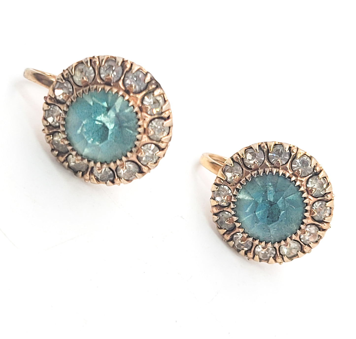 Aqua blue clear rhinestone halo vintage gold toned screw back earrings