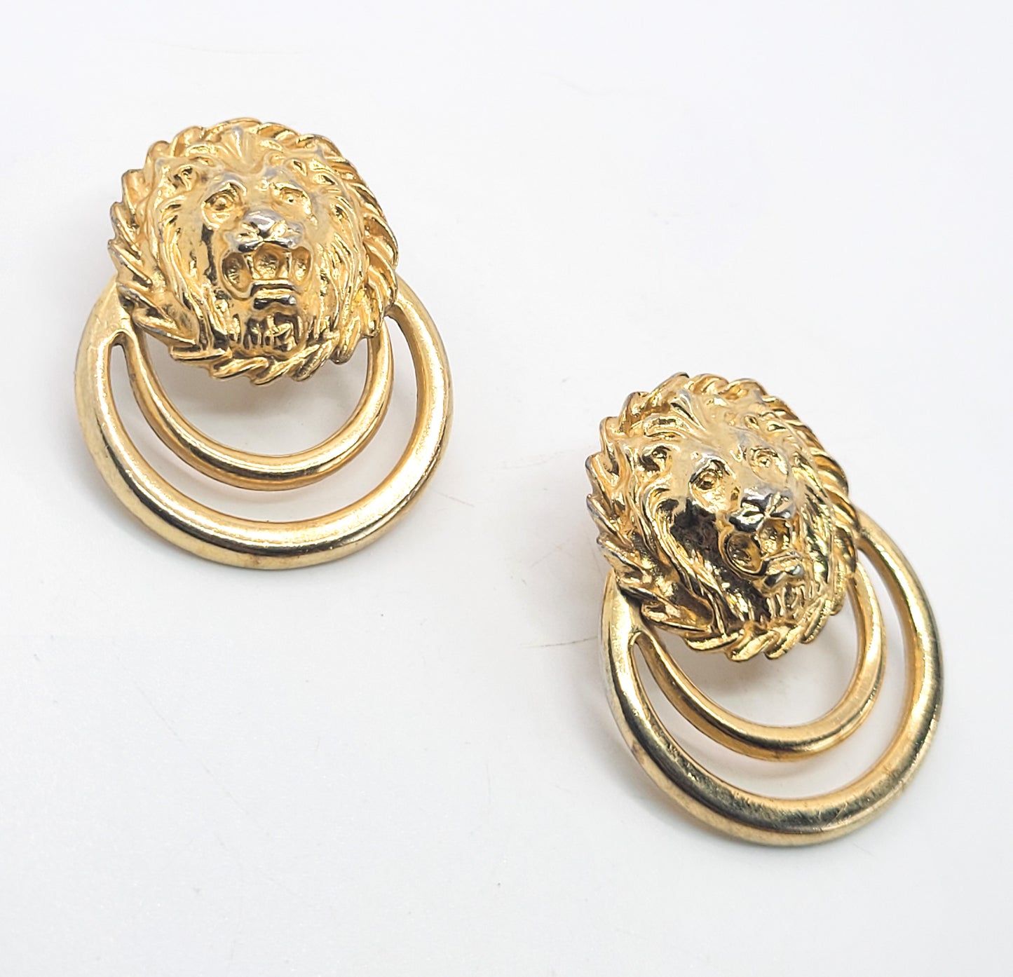 Anne Klein Lion articulated door knocker double hoop pierced gold earrings AK