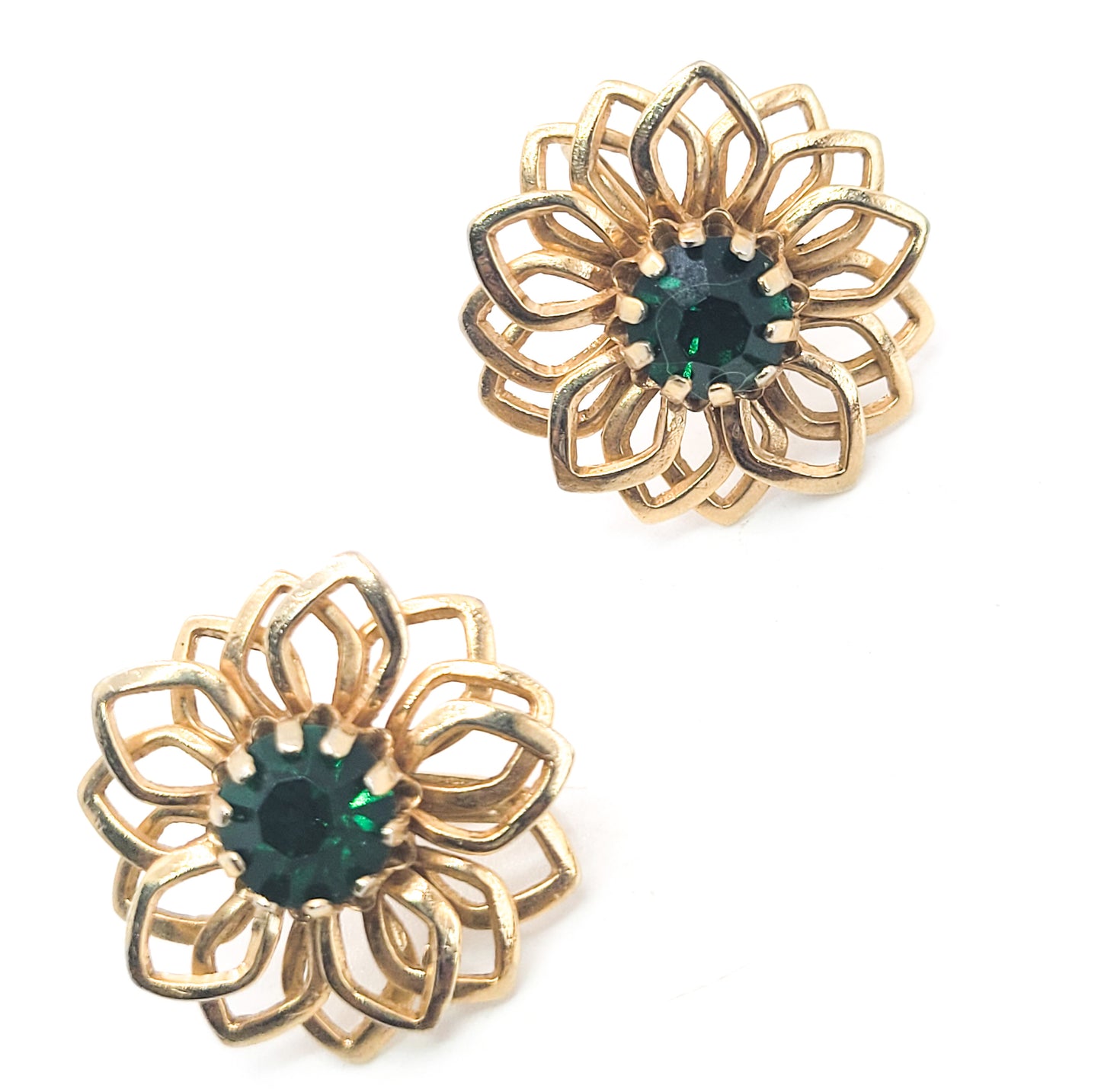 Hunter green rhinestone gold flower open work vintage screw back earrings